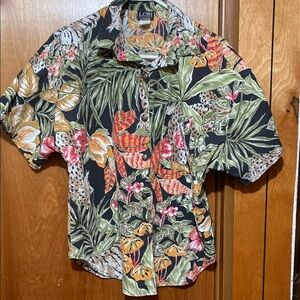 Vintage Casual Button Down Shirt with Leopards Tropical Print